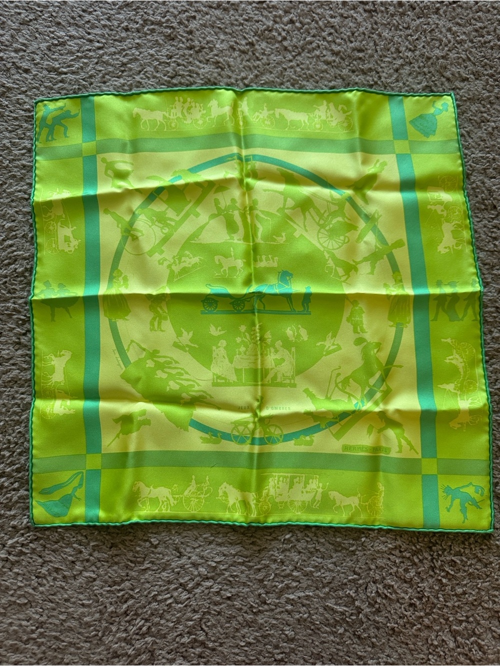 Hermes Lime and Teal Silk Scarf with Equestrian Motifs